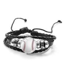 Cargar imagen en el visor de la galería, Black polyurethane leather bracelet with baseball charm, adjustable and unisex design.