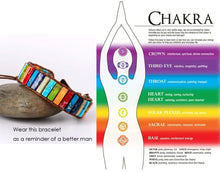 Cargar imagen en el visor de la galería, Leather wrap bracelet with multi-color natural stone beads for chakra balancing, featuring a diagram of chakra energy centers.