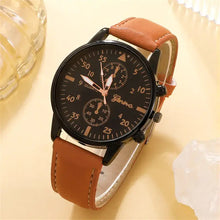Charger l'image dans la galerie, Men's luxury brown leather quartz wristwatch with black dial and vegan leather strap, elegant design for a sophisticated look.