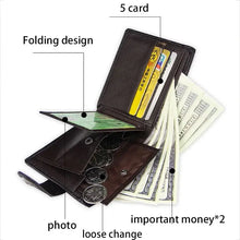 Cargar imagen en el visor de la galería, Men's retro woven pattern leather wallet open with cards, bills, and coins displayed. Features folding design for organization.