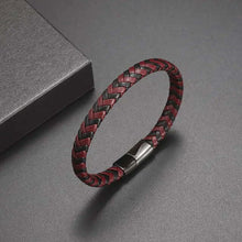 Cargar imagen en el visor de la galería, Classic red and black woven leather bracelet with metal clasp, stylish men's accessory for parties and casual outings.