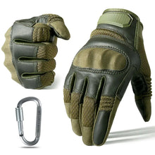 Load image into Gallery viewer, Knuckle reinforced tactical gloves with full finger protection in green, designed for durability and flexibility, shown with a carabiner.
