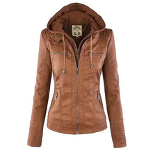Load image into Gallery viewer, Gothic faux leather jacket with hood in brown, featuring zipper details and a fitted style for a bold, edgy look.