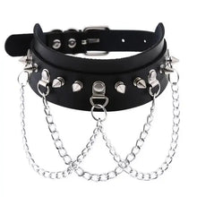 Cargar imagen en el visor de la galería, Black leather choker with spikes and metal chains for gothic or punk fashion