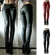 Load image into Gallery viewer, Steampunk leather skinny pants in black, red, and silver for women, featuring vegan leather and edgy design.