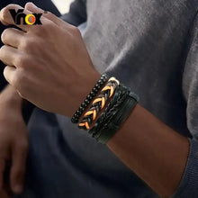 Cargar imagen en el visor de la galería, Vnox 4Pcs Set Braided Vegan Leather Bracelets on Wrist; Stylish, Durable Design with Zinc Alloy Accents and Lace-up Clasp.