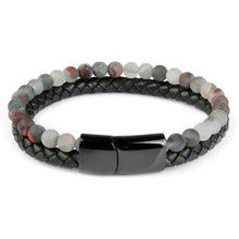 Charger l'image dans la galerie, Genuine leather bracelet with natural stone accents, stylish black clasp, woven design, elegant fashion accessory for men and women.