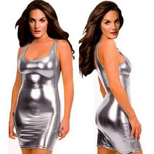 Load image into Gallery viewer, Woman modeling sexy silver wetlook faux leather lingerie dress with tank-style sleeves