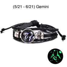 Cargar imagen en el visor de la galería, Gemini zodiac sign leather bracelet with constellation design and adjustable black strap.