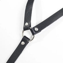 Load image into Gallery viewer, Close-up of a black leather sword belt waist garter with metal rings and rivets for medieval or fantasy costumes.