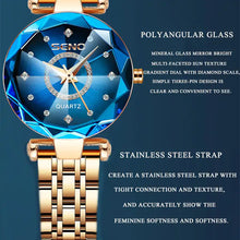 Cargar imagen en el visor de la galería, Elegant quartz watch with gradient dial, polyangular glass, and stainless steel strap showcasing feminine style and durability.