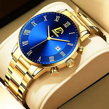 Charger l'image dans la galerie, Gold minimalist men's watch with sleek blue dial and Roman numerals, showcasing modern elegance and timeless style.