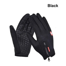 Load image into Gallery viewer, Black waterproof winter gloves with touchscreen capability for smartphone use in cold weather.