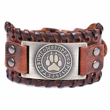 Cargar imagen en el visor de la galería, Bear Paw Handmade Braided Genuine Leather Strap with Norse symbols and rustic charm.