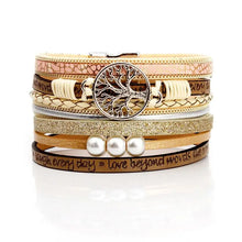 Cargar imagen en el visor de la galería, Summer vegan leather charm bracelet with pearls, magnet buckle, and Life of Trees design for chic style.