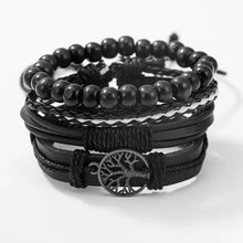 Load image into Gallery viewer, Black leather and bead bracelet set with tree of life charm, stylish men's jewelry accessory