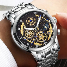 Load image into Gallery viewer, Men's stainless steel watch with intricate design, black and gold face, and comfortable band. Perfect for style and functionality.