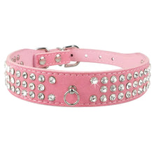 Cargar imagen en el visor de la galería, Pink leather pet collar with rhinestone embellishments and bowknot, adjustable for puppies and cats. Stylish and comfortable design.