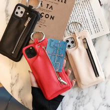 Cargar imagen en el visor de la galería, Luxury Zipper PU Leather Wallet Case for iPhone in black, red, and pink with card slots and zipper closure.