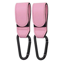 Cargar imagen en el visor de la galería, Two pink PU leather stroller hooks for convenient bag attachment, featuring 360-degree rotation.