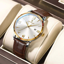 Cargar imagen en el visor de la galería, Luxury men's quartz watch with vegan leather strap, gold accents, and date feature, elegantly displayed in a case.