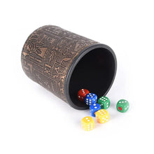 Cargar imagen en el visor de la galería, Egyptian pattern brown leather rune dice cup with colorful dice, perfect for gaming or divination rituals.