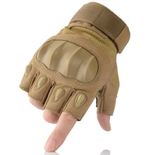 Cargar imagen en el visor de la galería, Brown tactical half-finger motorcycle gloves with a reinforced knuckle design, showcasing durability and enhanced grip.