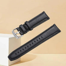 Load image into Gallery viewer, Black leather watch band with silver buckle, showcasing premium craftsmanship and timeless style. Ideal for elegant and durable wear.