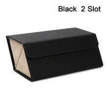 Cargar imagen en el visor de la galería, Portable black PU leather eyeglasses case with 2 slots for secure storage.