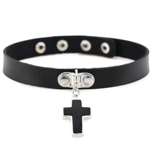 Cargar imagen en el visor de la galería, Black leather necklace with a round pendant and cross charm, offering timeless elegance and modern sophistication for any occasion.