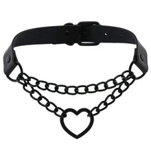 Cargar imagen en el visor de la galería, Black leather choker with double chain and heart-shaped pendant.