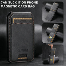 Cargar imagen en el visor de la galería, Luxury leather magnetic card holder for iPhone with space for bank cards and ID, shown in black with elegant stitching.