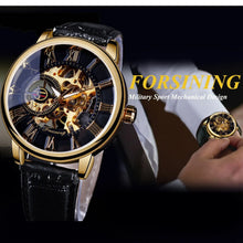Load image into Gallery viewer, Forsining Men's Luxury Military Sport Mechanical Watch with Gold Accents and Black Leather Strap