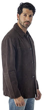 Cargar imagen en el visor de la galería, REED Men's Quello chocolate suede leather jacket, 4-button, water repellent, with Nappallan trim accents and satin lining, modeled.