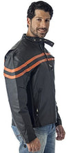 Cargar imagen en el visor de la galería, Man wearing REED Men's Vented Motorcycle Leather Jacket in black with orange stripes, featuring hidden air vents and durable leather.