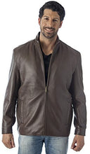 Load image into Gallery viewer, Man wearing REED Men's 27'' Suave Leather Jacket in brown English lamb leather with zip-up collar, front view.