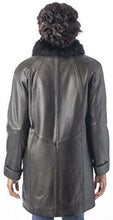 Cargar imagen en el visor de la galería, Back view of REED Women's Lamb Leather Swing Coat with Fox Fur Collar, showcasing luxurious leather and elegant design.