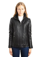 Cargar imagen en el visor de la galería, REED EST. 1950 Women's Jacket in black lambskin leather with stand up collar, modeled for a classic, stylish look.