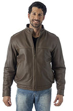 Load image into Gallery viewer, Contemporary stand up collar leather jacket in classic men's fit, featuring high-quality cowhide leather and contrast stitching.