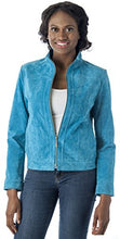 Load image into Gallery viewer, Woman wearing REED Women's 22'' Misses Fit Stand Up Collar Leather Jacket in blue, with flattering silhouette and stylish design.