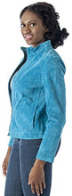 Load image into Gallery viewer, Woman wearing a blue REED Women's Misses Fit Stand Up Collar Leather Jacket, showcasing a stylish and flattering silhouette.