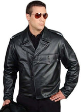 Cargar imagen en el visor de la galería, REED Men's Police Leather Motorcycle Jacket, black premium cowhide, durable 1.2 mm thickness, made in USA. Model wearing jacket.