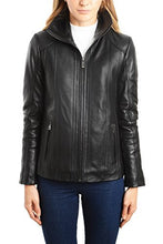 Cargar imagen en el visor de la galería, REED EST. 1950 women's lambskin leather jacket with stand up collar, classic black design, zipped front, premium quality coat.