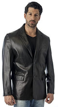 Cargar imagen en el visor de la galería, Man wearing REED Men's Premium Lambskin Leather Blazer Sports Jacket, highlighting its luxurious, soft-touch lambskin leather.