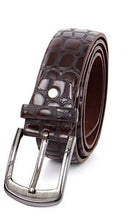Load image into Gallery viewer, Crocodile print men's PU leather dress belt with shiny nickel polished buckle, versatile for dress, casual, or jeans outfits.