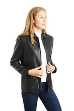 Load image into Gallery viewer, Woman wearing REED Women's Lambskin 26" Classic Leather Jacket, black, stylish fit, ideal for winter fashion and warm protection.