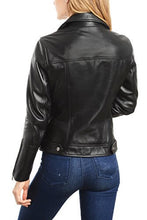 Cargar imagen en el visor de la galería, REED Women's Genuine Lambskin Leather Biker Jacket, Premium Quality, Classic Motorcycle Style, Black, Back View