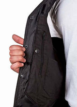 Cargar imagen en el visor de la galería, Close-up of REED Men's black leather vest showing inside pockets and snap closures.