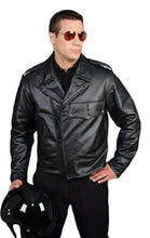 Cargar imagen en el visor de la galería, Man wearing REED Men's Police Leather Motorcycle Jacket, black, made in USA with premium cowhide leather, holding a helmet.