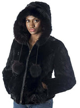 Load image into Gallery viewer, Woman wearing a REED women's genuine mink fur bomber jacket with hood, showcasing luxurious black mink fur design.